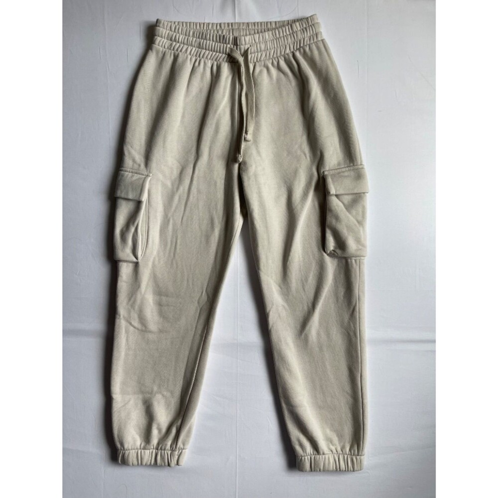 ZARA Cream Beige Plush Fleece Cargo Joggers Sweatpants Lounge Pants Women's L